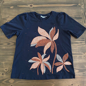 Women's Chico's Navy Palm Tree Tee L (2) Orange White Dot Design Puff Sleeve
